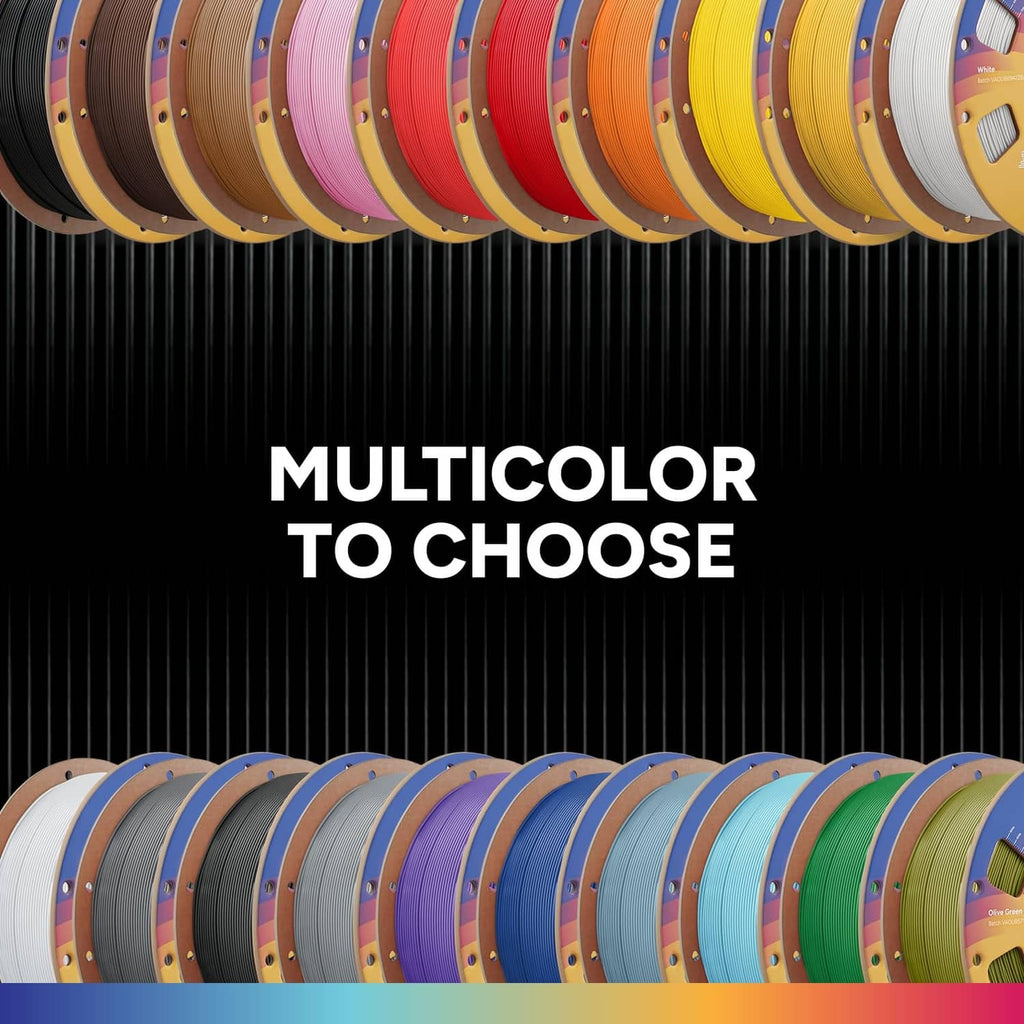 Multicolor PLA filament spools lined on reels in assorted colors.
