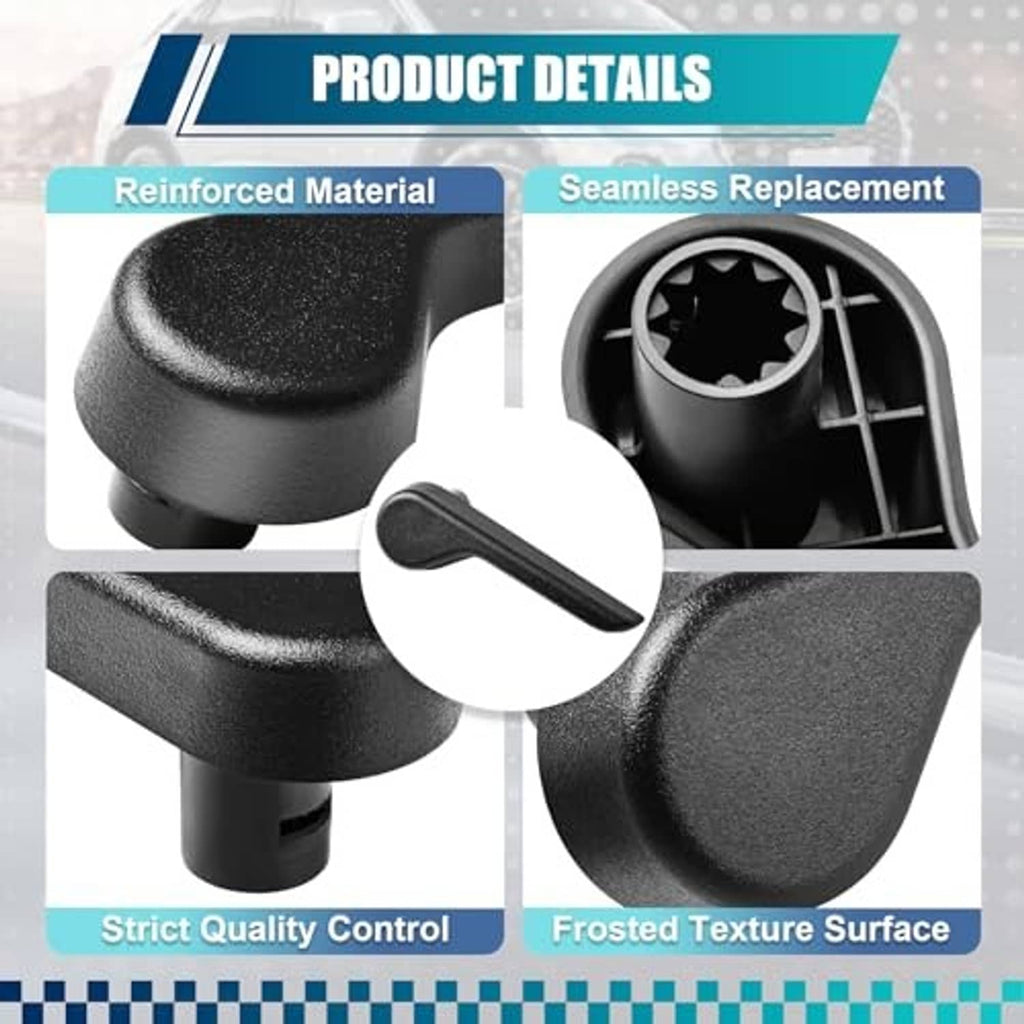 Black seat recliner adjustment handle lever detail with reinforced design and end view.