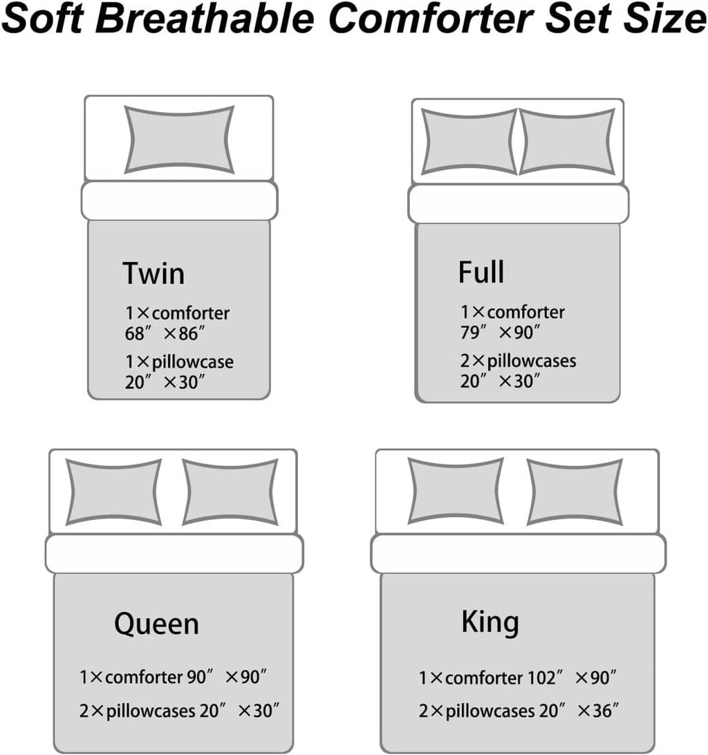 Queen comforter set size chart: 1 comforter 90x90, 2 pillowcases 20x30