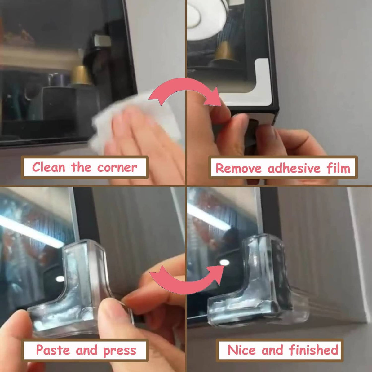 saicheek transparent silicone corner protector installation steps: clean, remove film, press