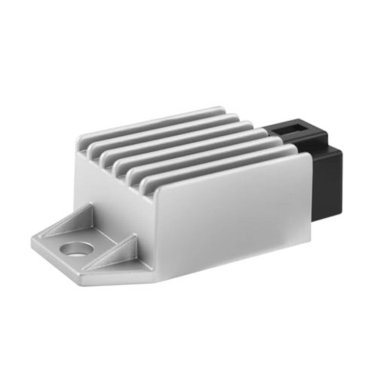 12V 4-pin voltage regulator rectifier side view with silver finned body and mounting hole