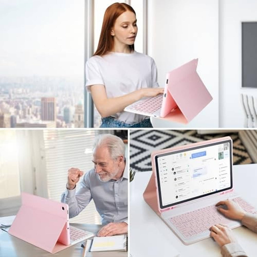 Pink keyboard folio case with tablet in cover and wireless keyboard attached