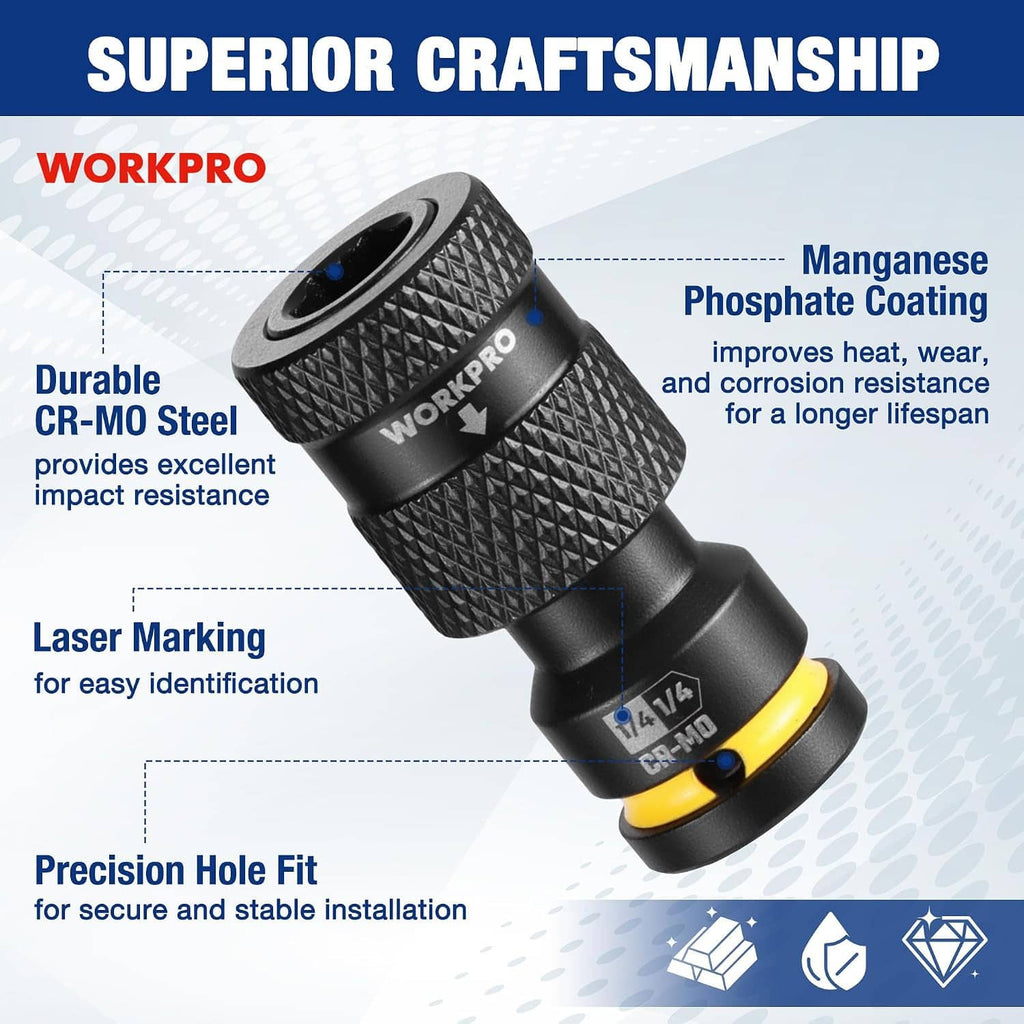 Black WORKPRO CR-MO impact socket adapter with yellow collar and knurled grip.
