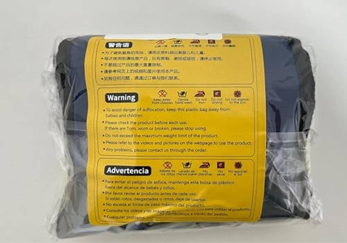 Wheelchair seatbelt restraint in sealed plastic bag with caution label panel