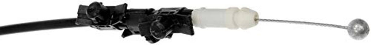 Hood release cable end with black bracket, white sleeve, and silver ball stud