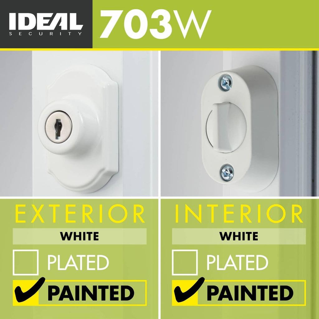 White keyed deadbolt exterior and interior trim pieces with mounting screws