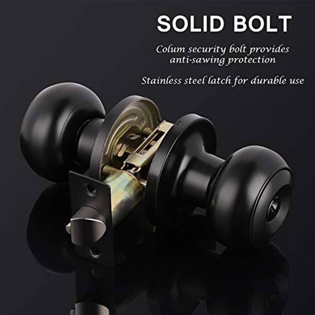 Matte black deadbolt and door knob lock set close-up of key cylinder and latch