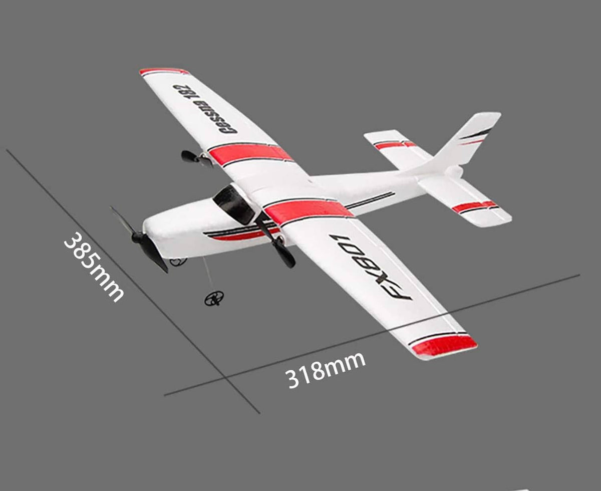 White RC airplane with red stripes, top view with length measurement labels