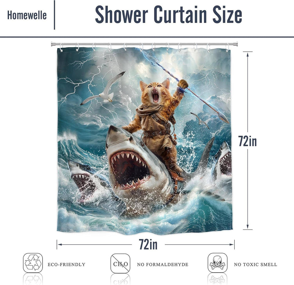 Shower curtain size diagram showing 72in width and 72in height for ocean cat-and-shark