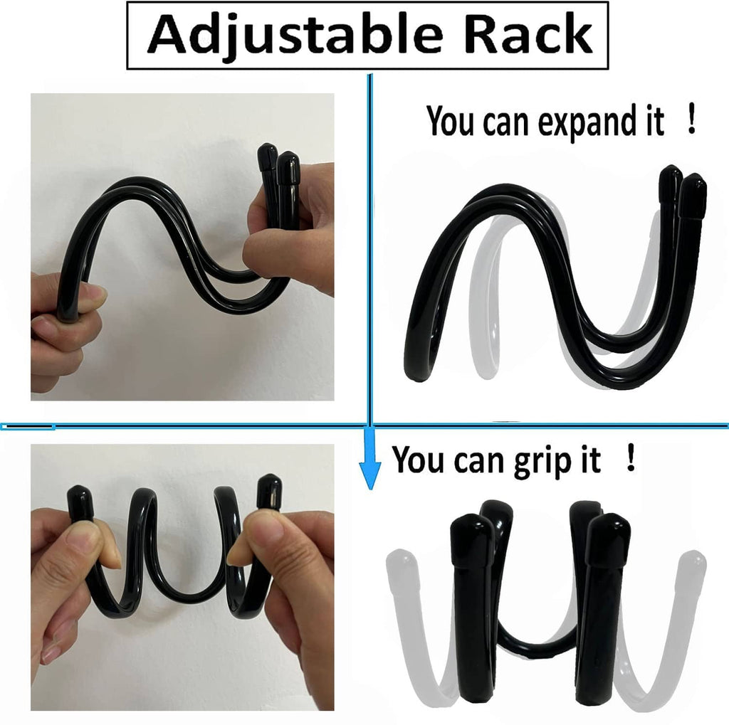 Adjustable black sink rack with U-shaped hooks, shown in expanded and gripped positions