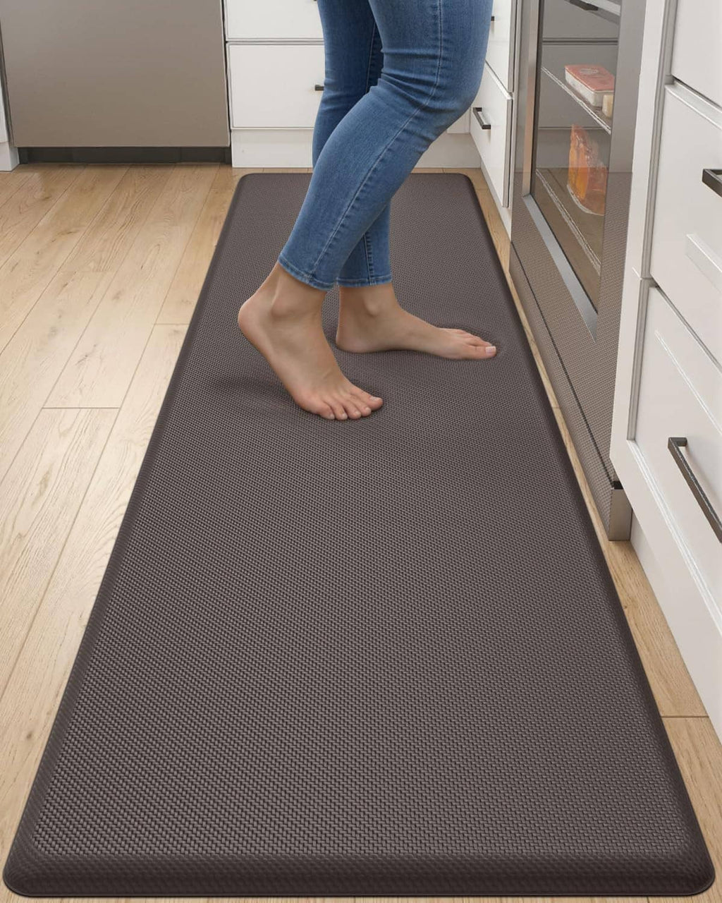 Extra-long cushioned anti-fatigue kitchen floor mat, dark gray textured surface