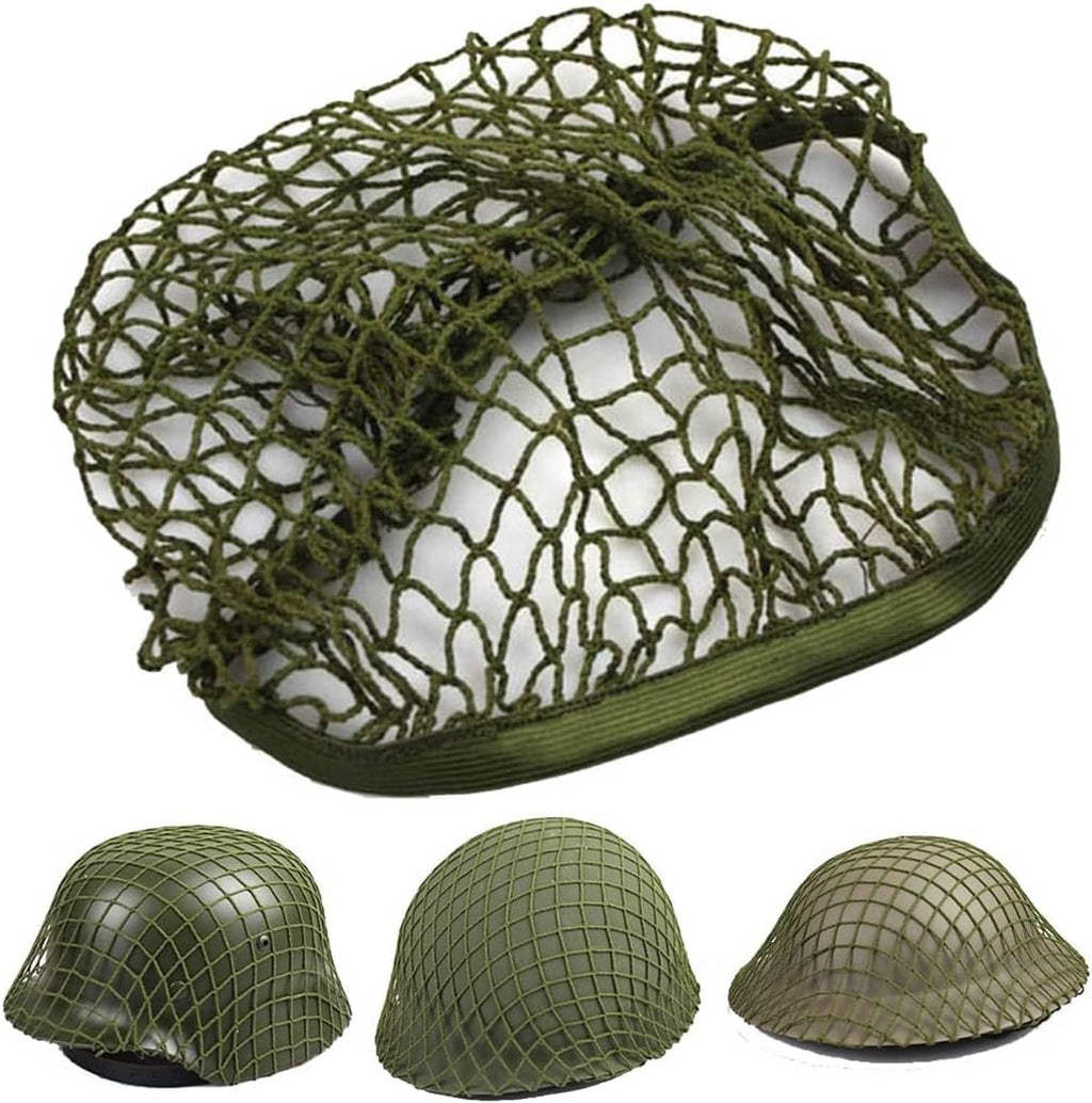 Olive green nylon mesh helmet cover with elastic rim, net weave camouflage style