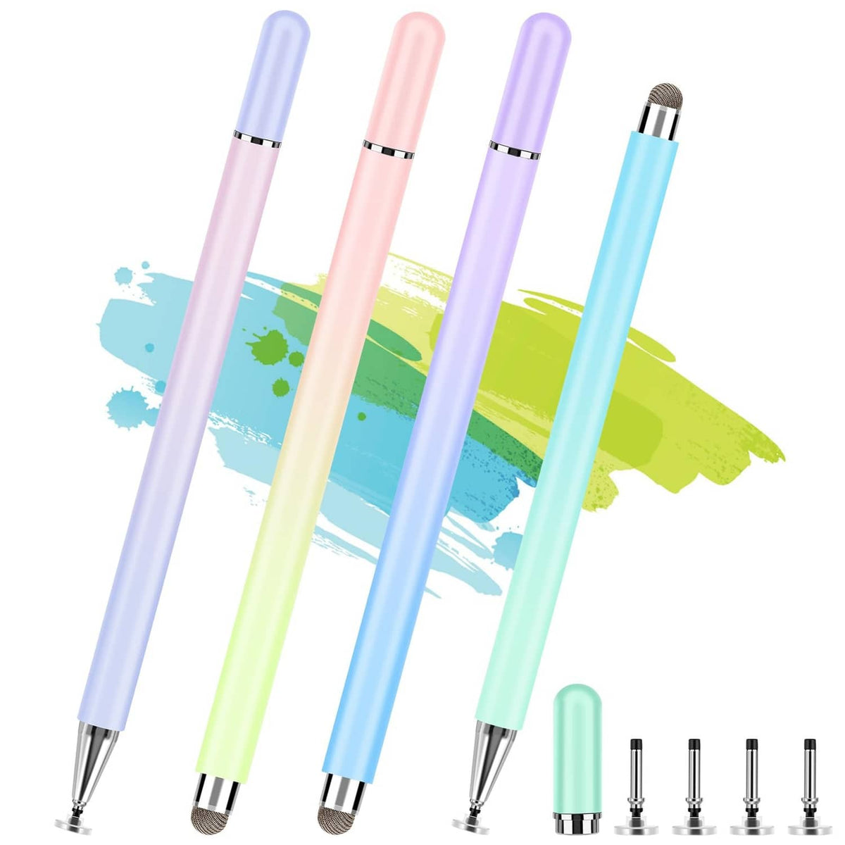 Set of four gradient touch screen stylus pens with disc tips and metal nibs
