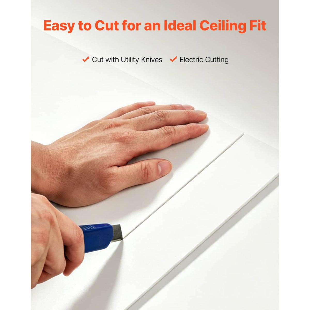White PVC ceiling tile panel with straight edge for easy cutting to fit.