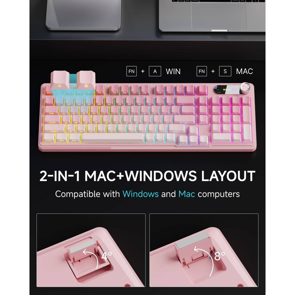 Pink 98-key wired gaming keyboard with RGB illumination and top rotary knob