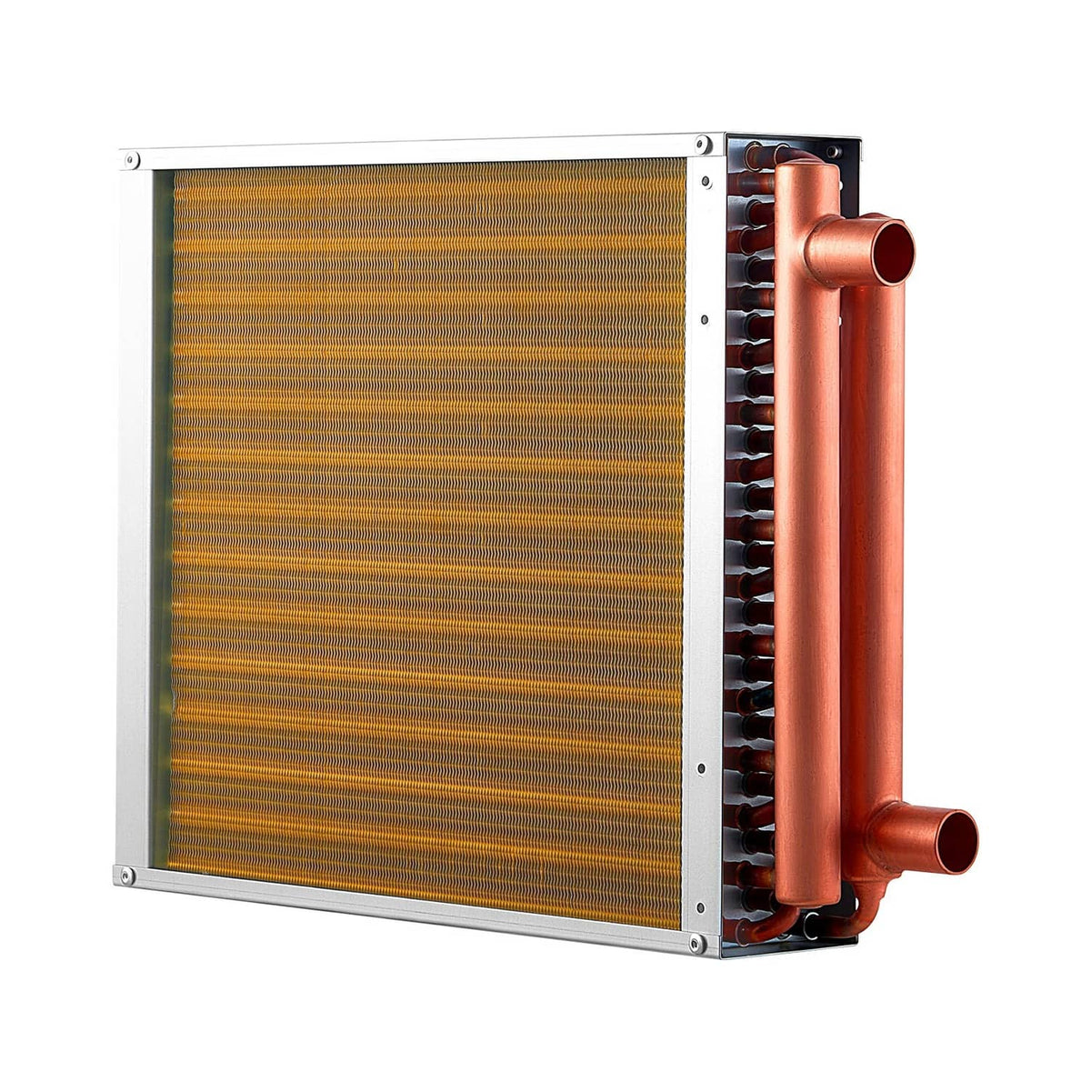 Water-to-air heat exchanger coil with brown fin core and copper side pipes, mounted in frame