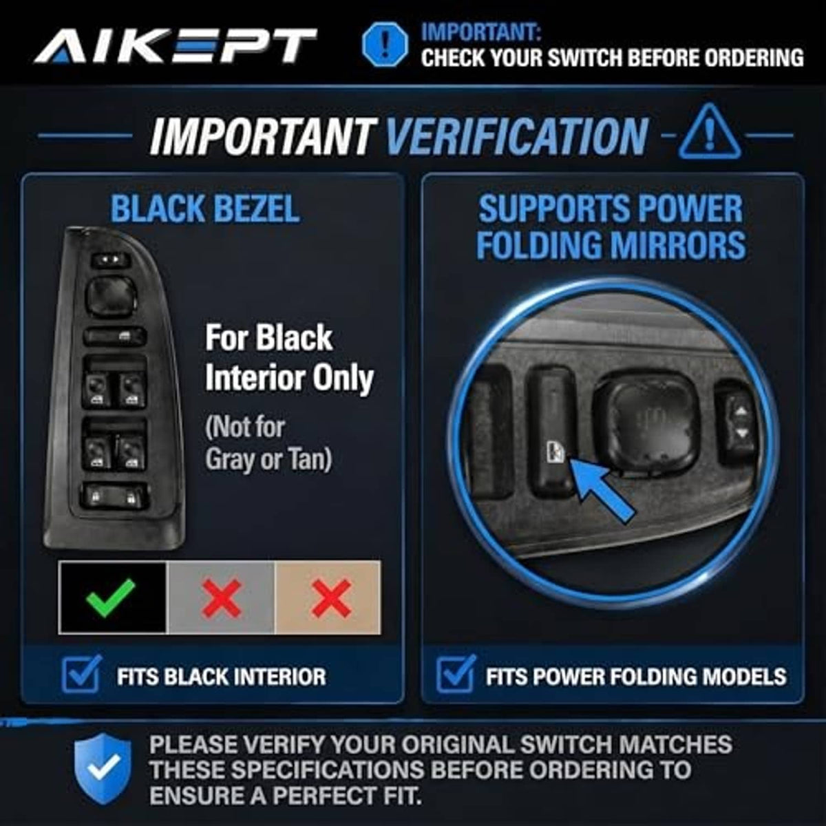 Black bezel power window switch with window, lock, and mirror adjustment buttons