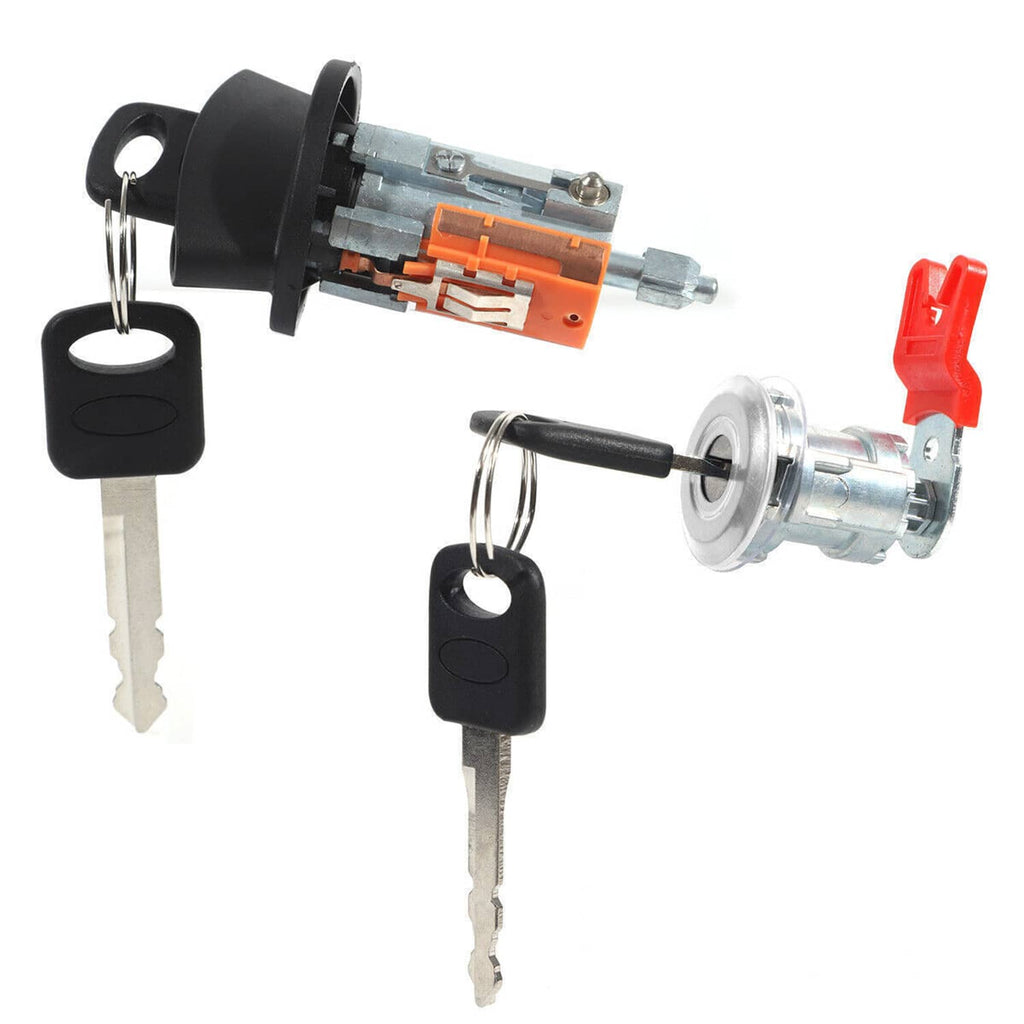 Ignition/door lock cylinder set with black keys and red key tag