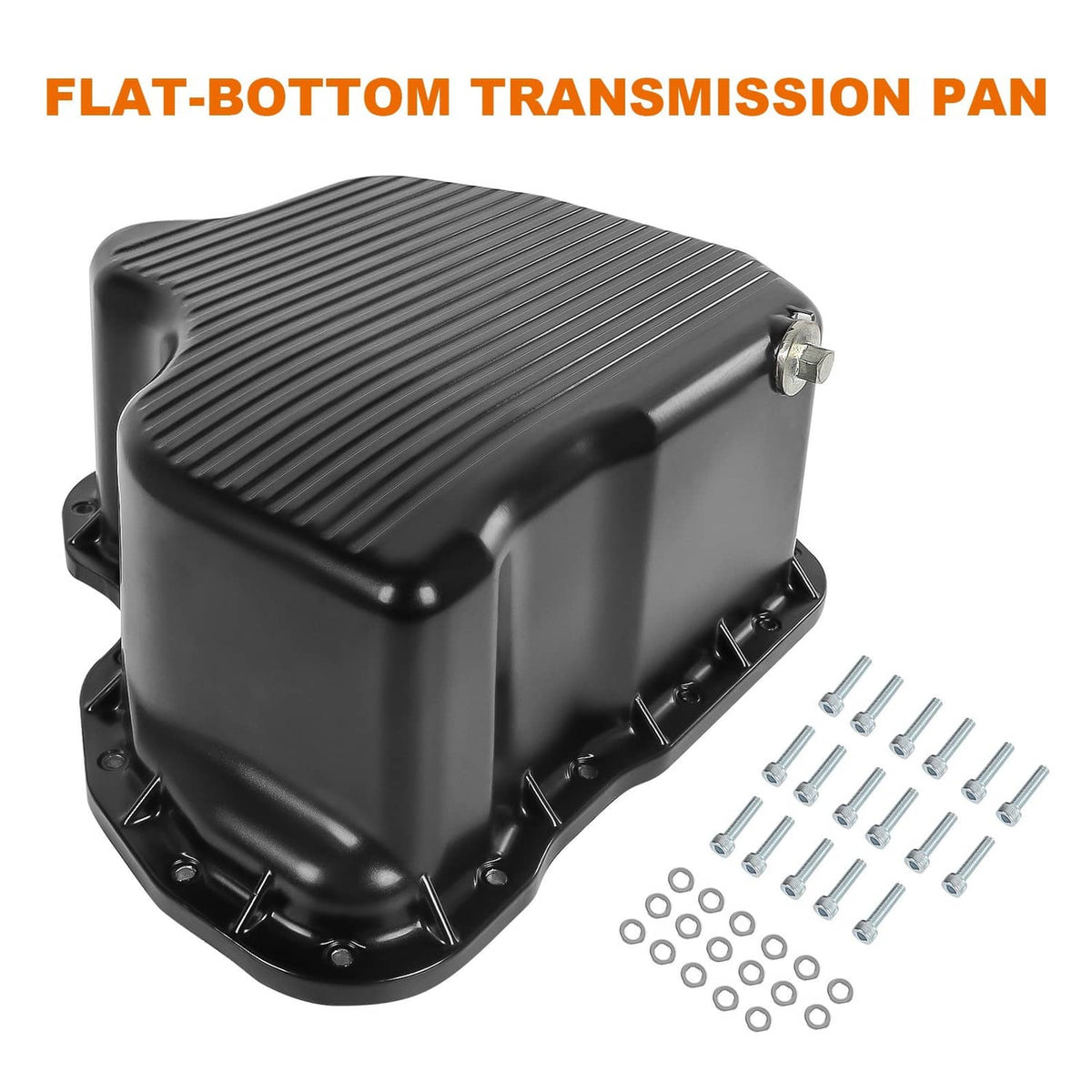 Black deep engine oil pan with flat bottom, ribbed top, and included fasteners