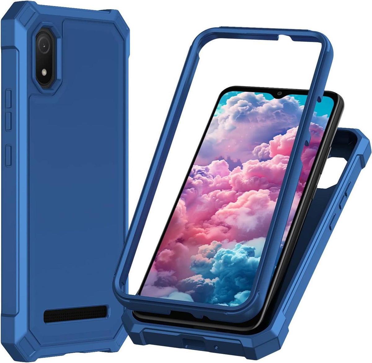 Blue rugged phone case with screen protector, phone tilted in protective holder