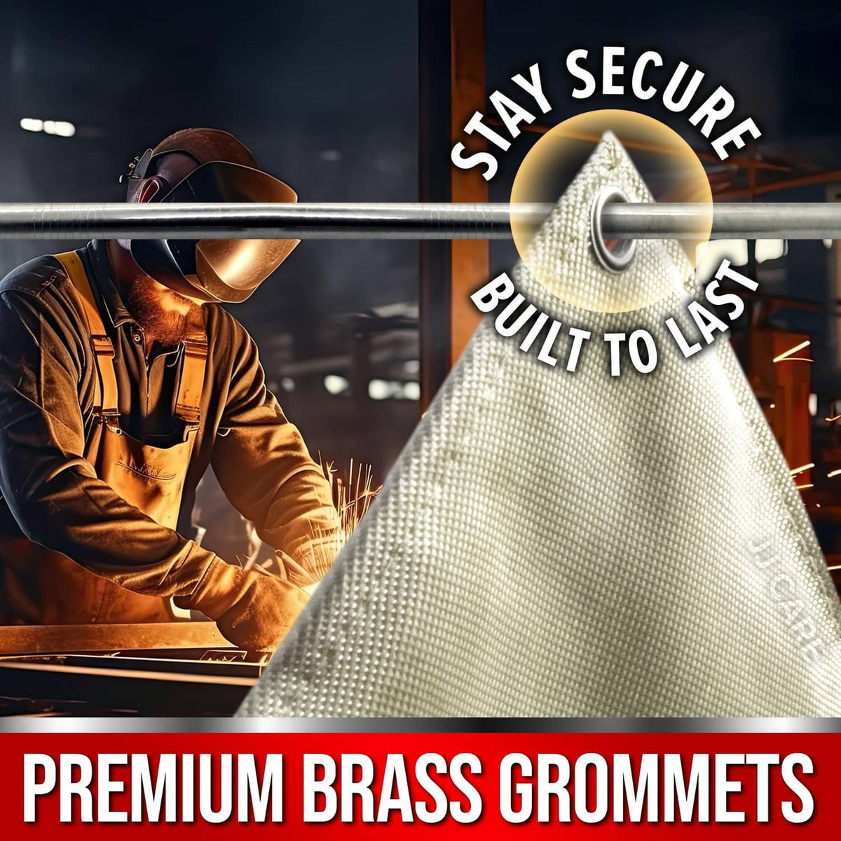 Golden welding blanket corner with premium brass grommet