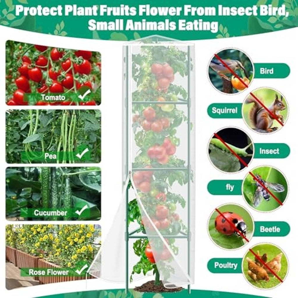 White mesh tomato-cage plant cover netting with pest protection icons.