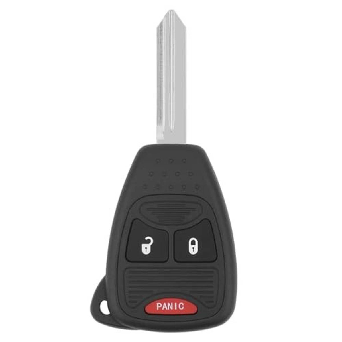 Black key fob with metal key blade and lock/unlock buttons, red PANIC button at base