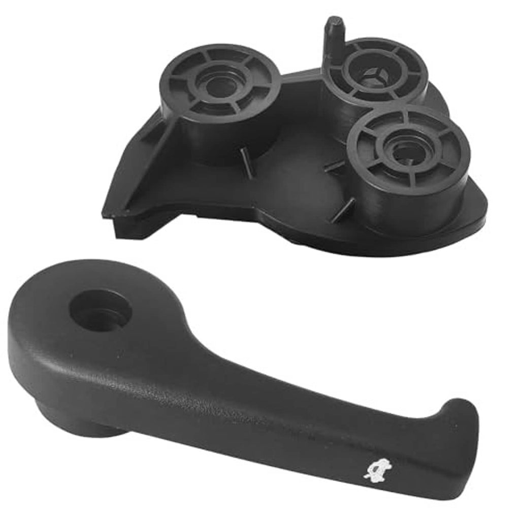Black hood latch release handle and base assembly, angled view