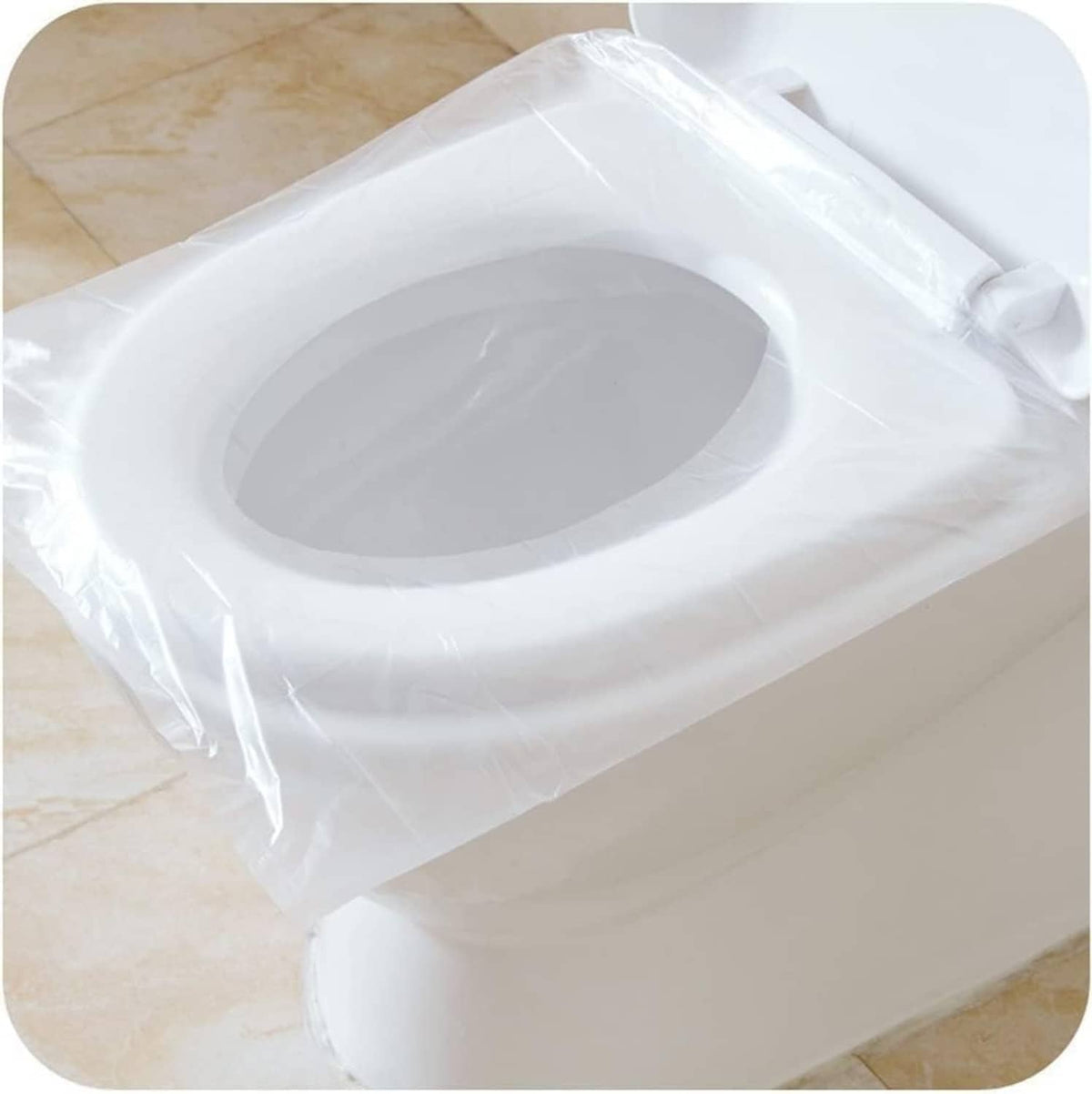 Disposable toilet seat cover, clear white, oval opening for travel use