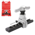 Tube flaring tool with eccentric lever and black clamp base, in red storage case