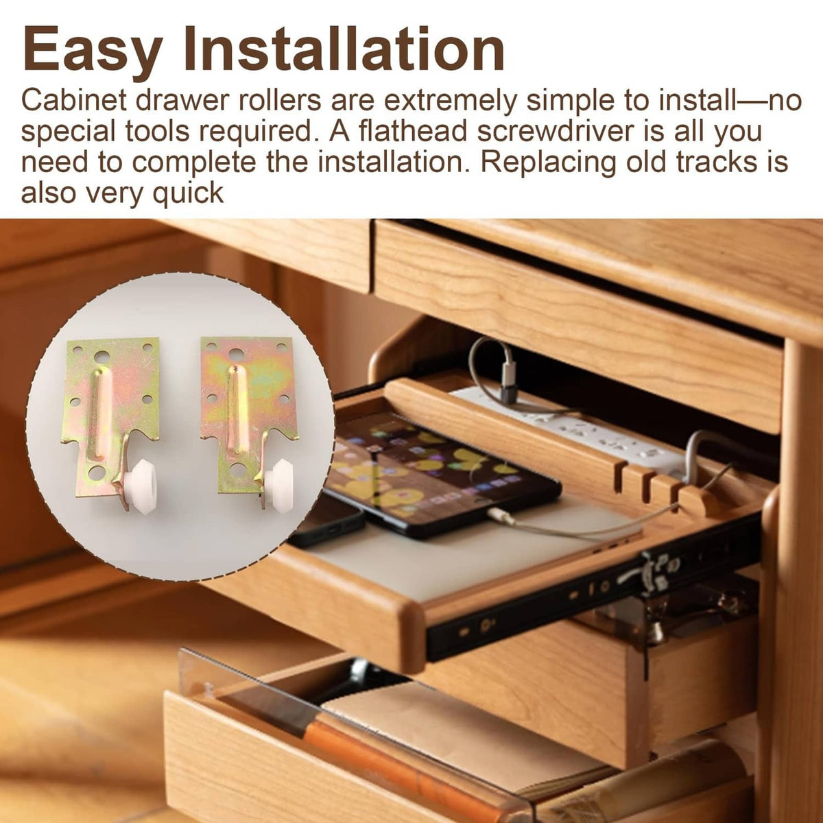 Steel drawer track roller bracket with plastic gray wheel for mounting