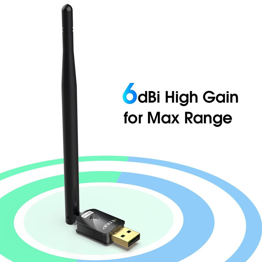 USB WiFi adapter with tall black antenna for high gain wireless range