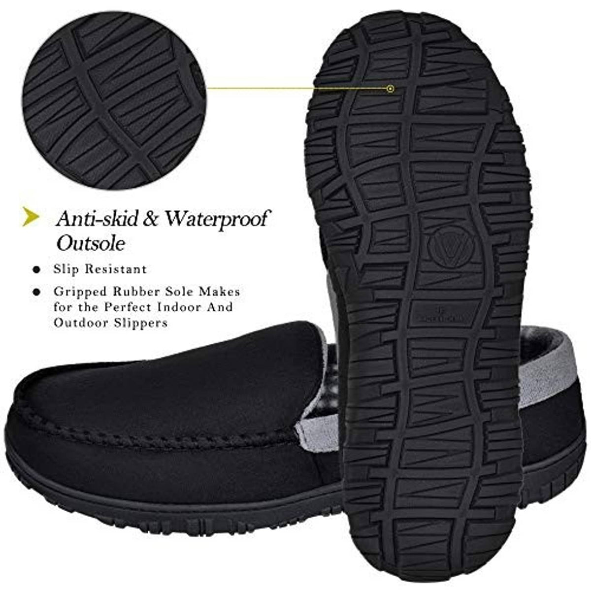 Men’s black rubber-soled moccasin slippers with grippy anti-skid tread