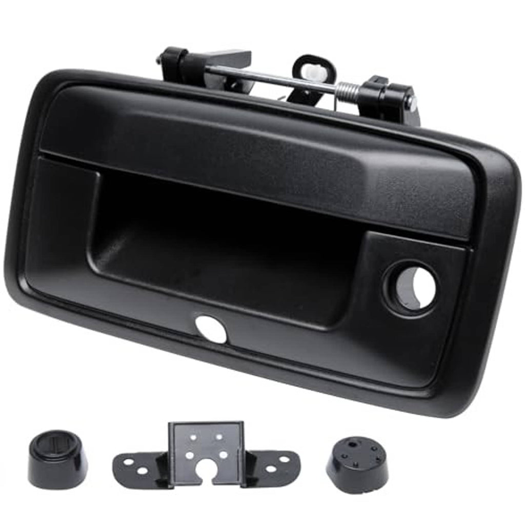 Black tailgate door handle with round backup camera hole, angled view