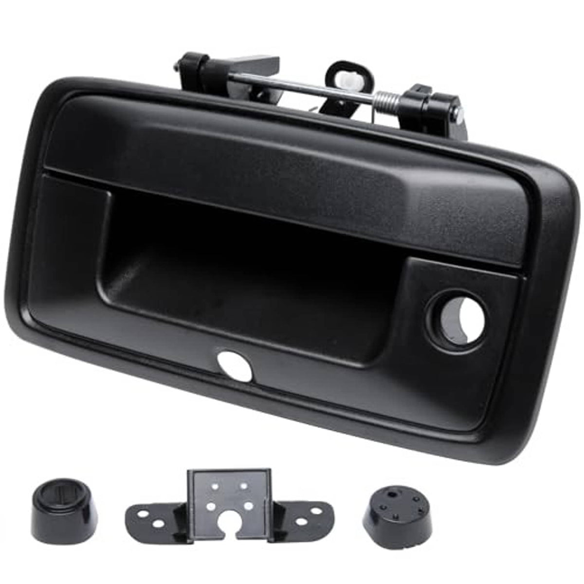 Black tailgate door handle with round backup camera hole, angled view