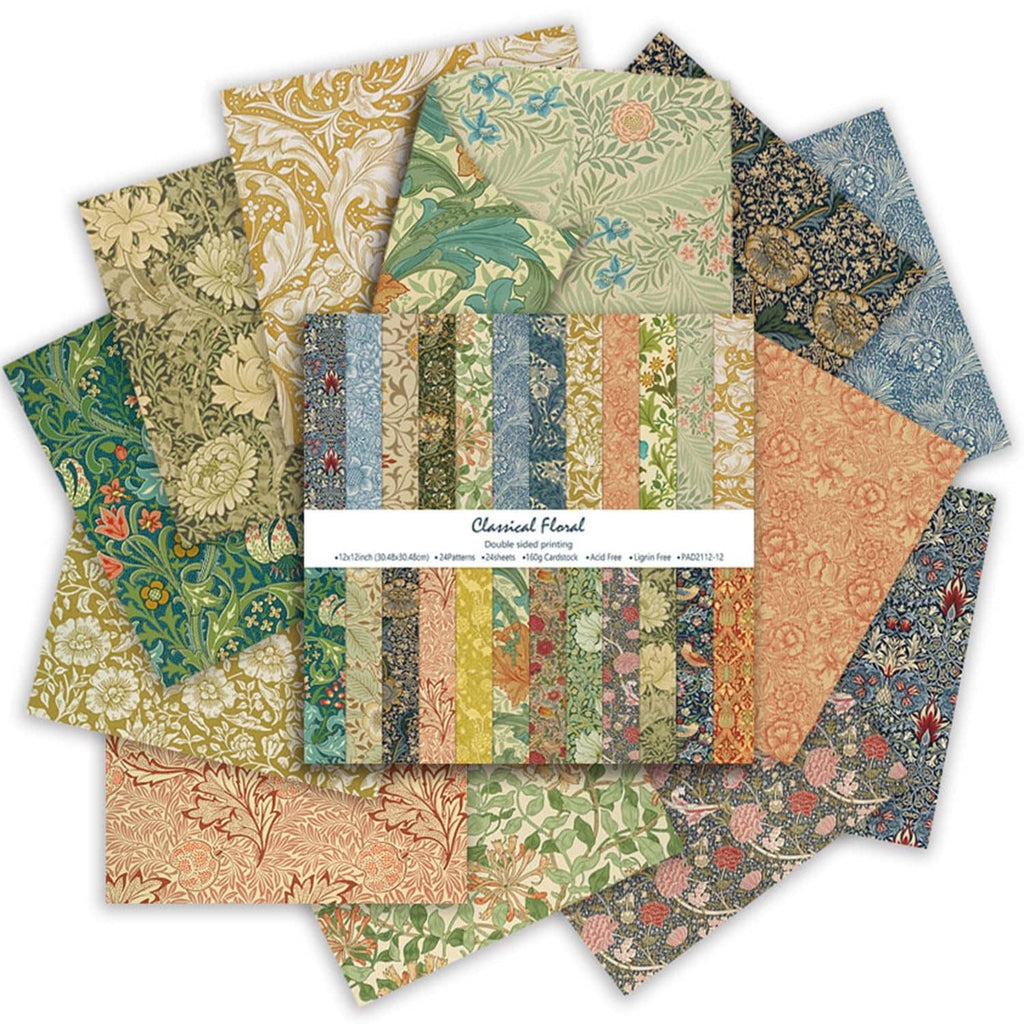Assorted classical floral 12x12 scrapbook paper squares with mixed green, blue, and peach patterns.