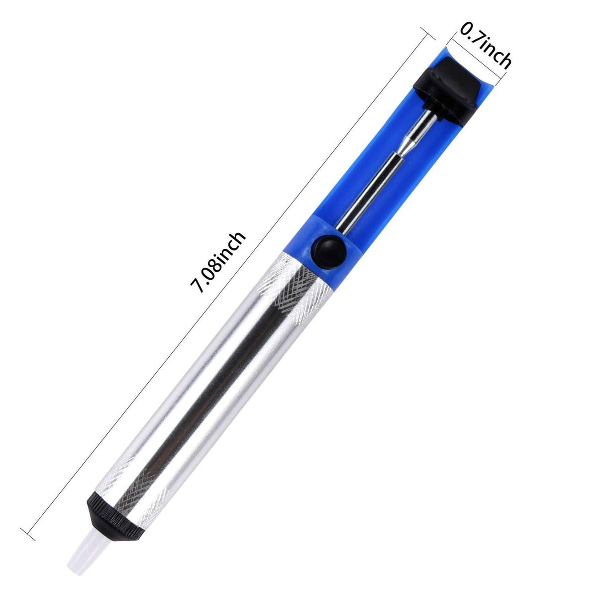 Desoldering wick tool with blue grip and silver braid, 7.08in length