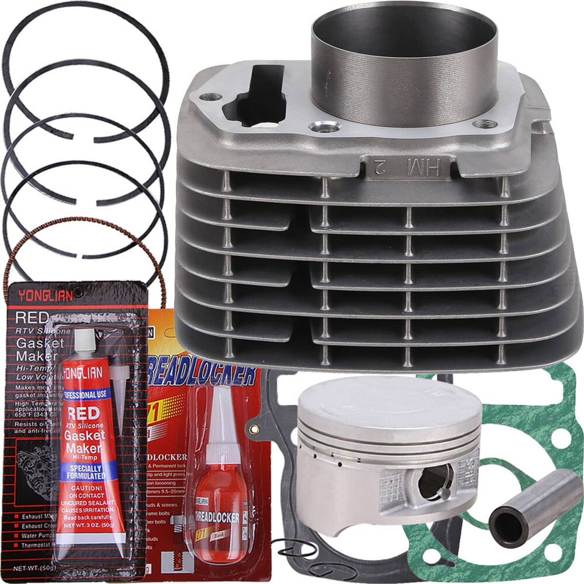 Top end kit with gray cylinder head, piston, green gasket, and piston rings