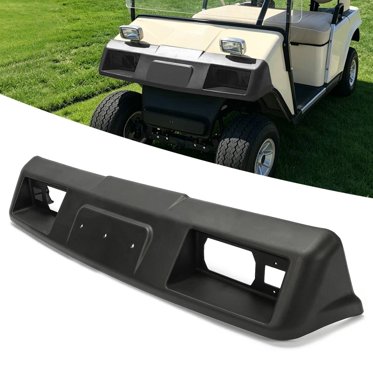 Black golf cart front cowl panel with rectangular headlight openings and grille cutouts