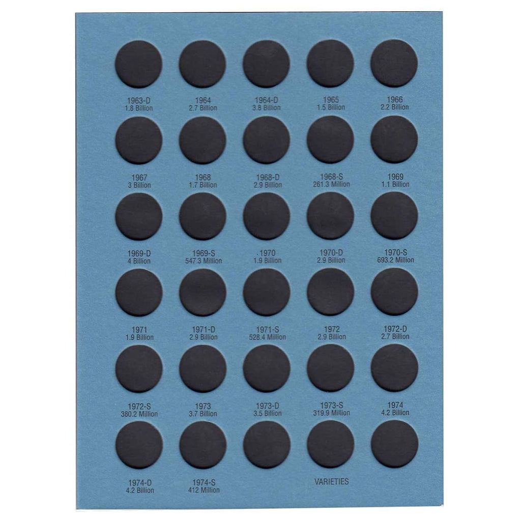 Blue Lincoln Cents coin holder page with dark coins and printed year labels