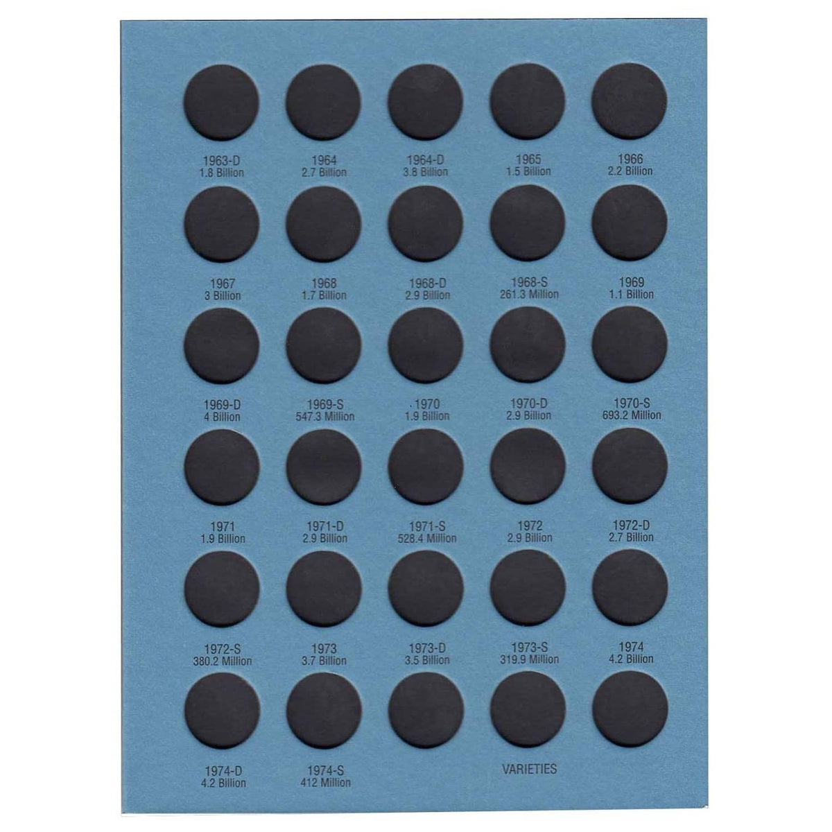 Blue Lincoln Cents coin holder page with dark coins and printed year labels