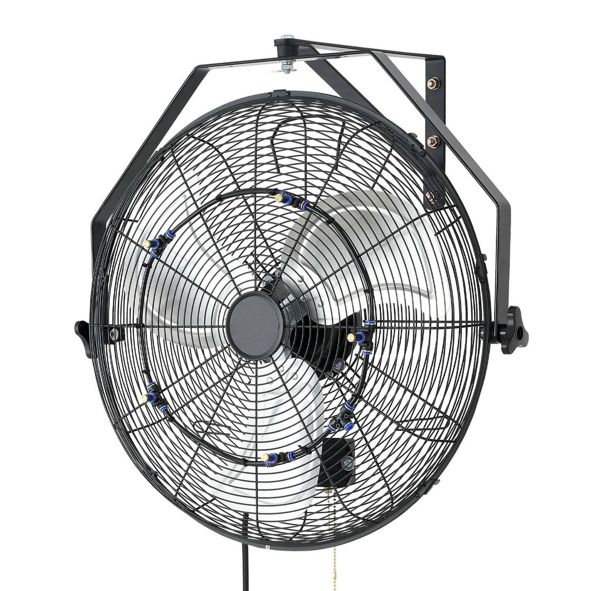 Wall-mounted fan with circular grille, mounting frame, and multi-speed motor housing
