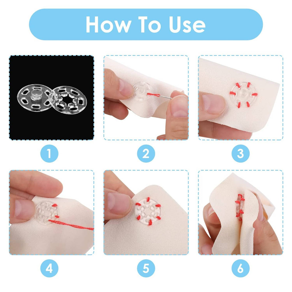 Hand sewing a clear plastic snap fastener disc onto fabric