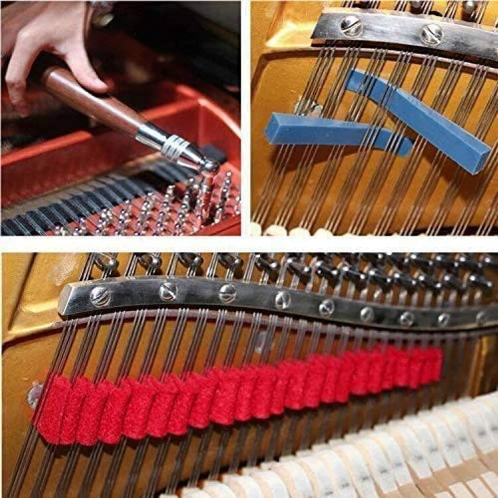 Piano string mute kit with blue and dark rubber wedges on piano strings