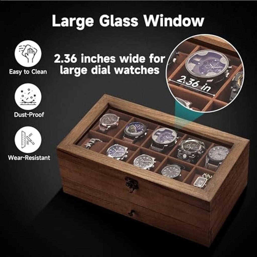 Walnut watch organizer box with large glass window top and multiple inner watch slots