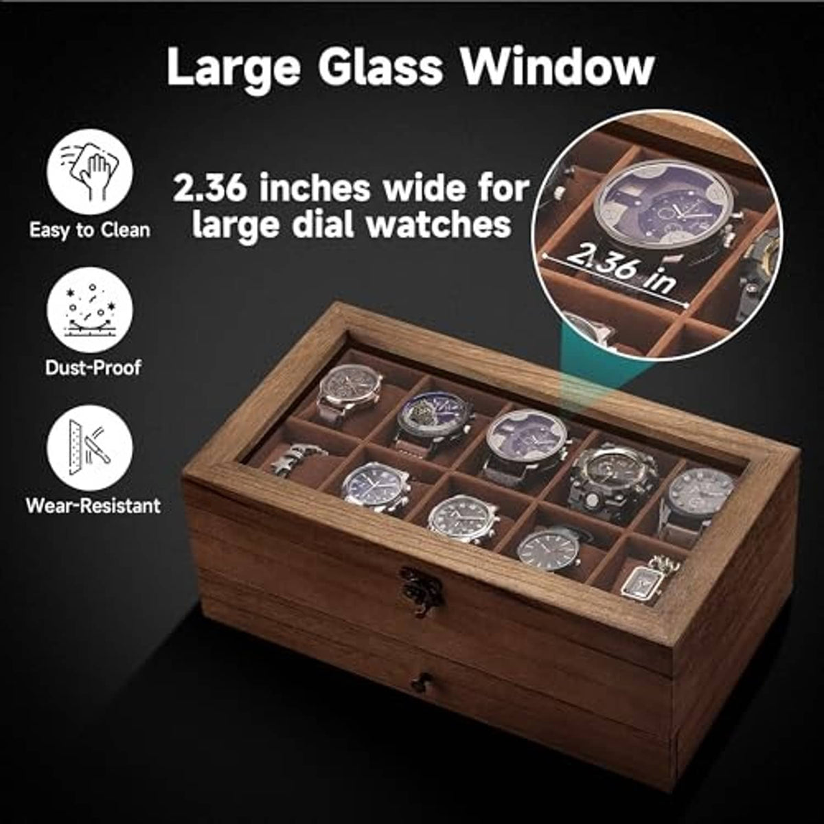 Walnut watch organizer box with large glass window top and multiple inner watch slots