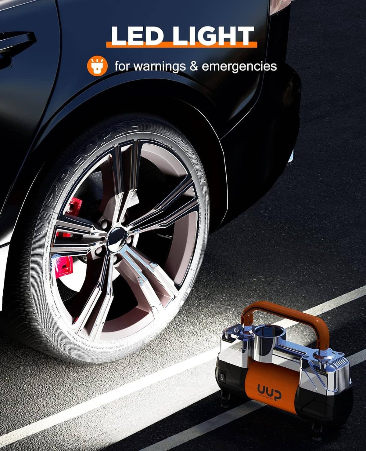 12V portable tire inflator with LED light near car wheel for roadside warnings