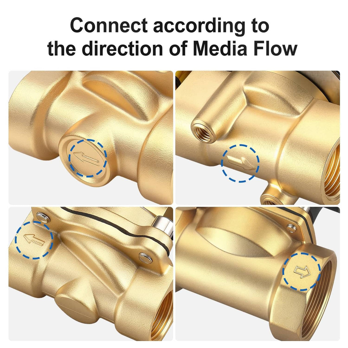 Brass valve body with flow-direction arrows and threaded port details
