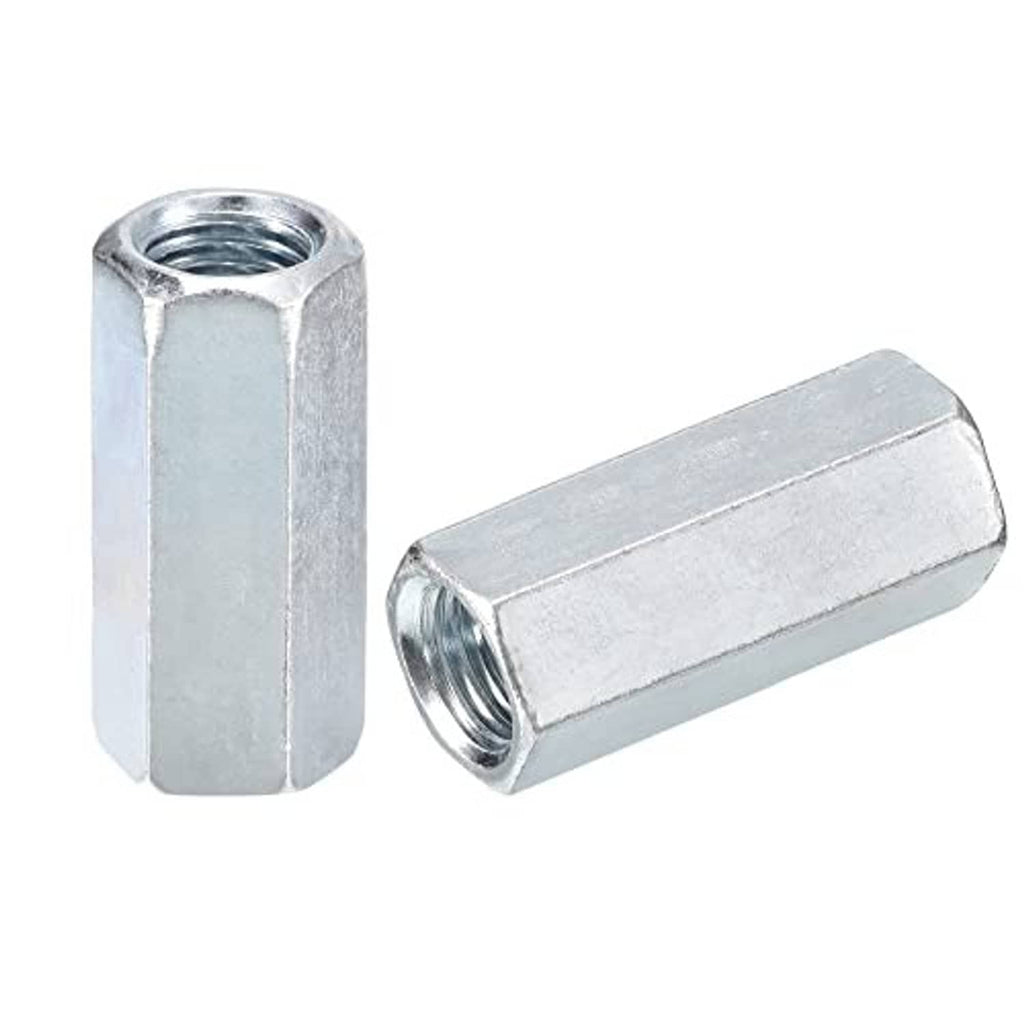 Galvanized hex coupling nut sleeve with internal thread, steel, shown as a pair