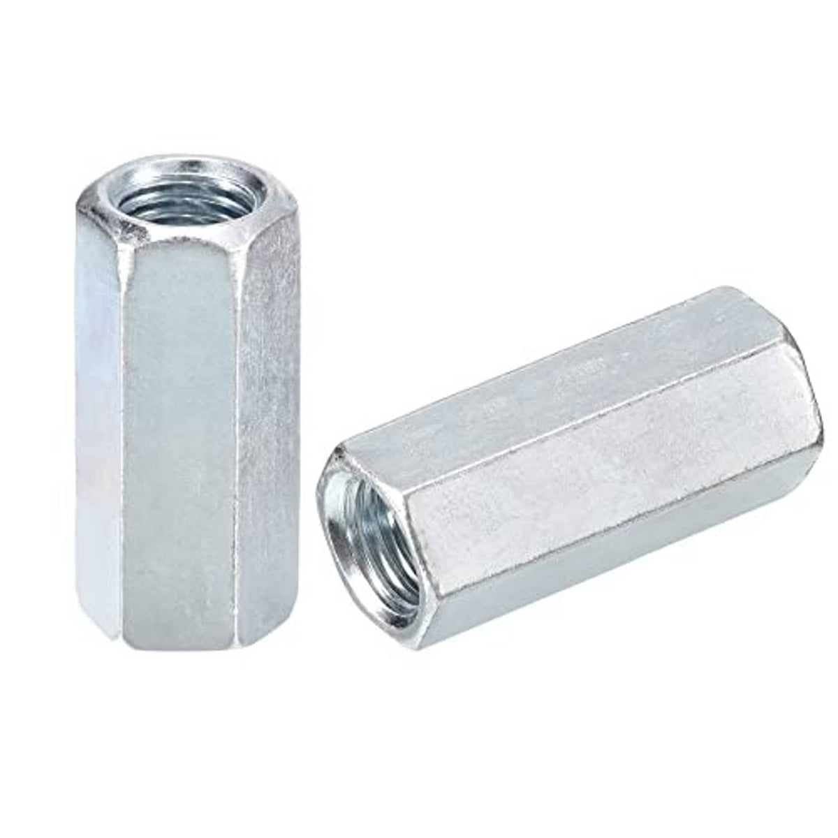 Galvanized hex coupling nut sleeve with internal thread, steel, shown as a pair